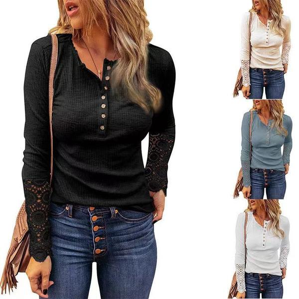 Women's Fashion Patchwork Lace Loose Solid Long Sleeve T-shirt