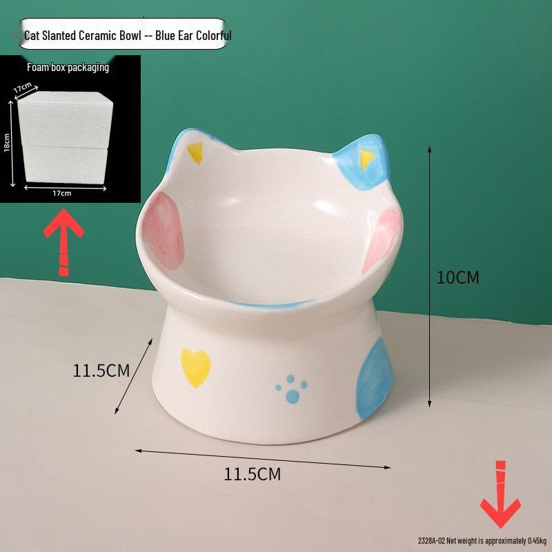 Slanted Ceramic Cat Bowl: Cute, Hand-Painted, Neck-Protecting, Multi-Functional Elevated Bowl for Food & Water