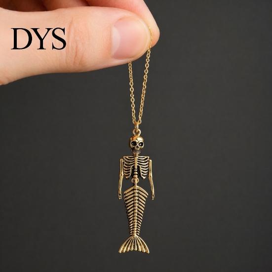 Mysterious Oceanic Gothic Pendant Skull Mermaid Skeleton Necklace, Dark Fantasy Jewelry Edgy Style Accessories for Women, Creative Spooky Accessory,