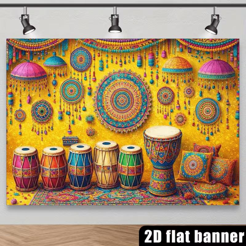 2D Vibrant Indian Folk Photography Background with Tabla Drums & Decor