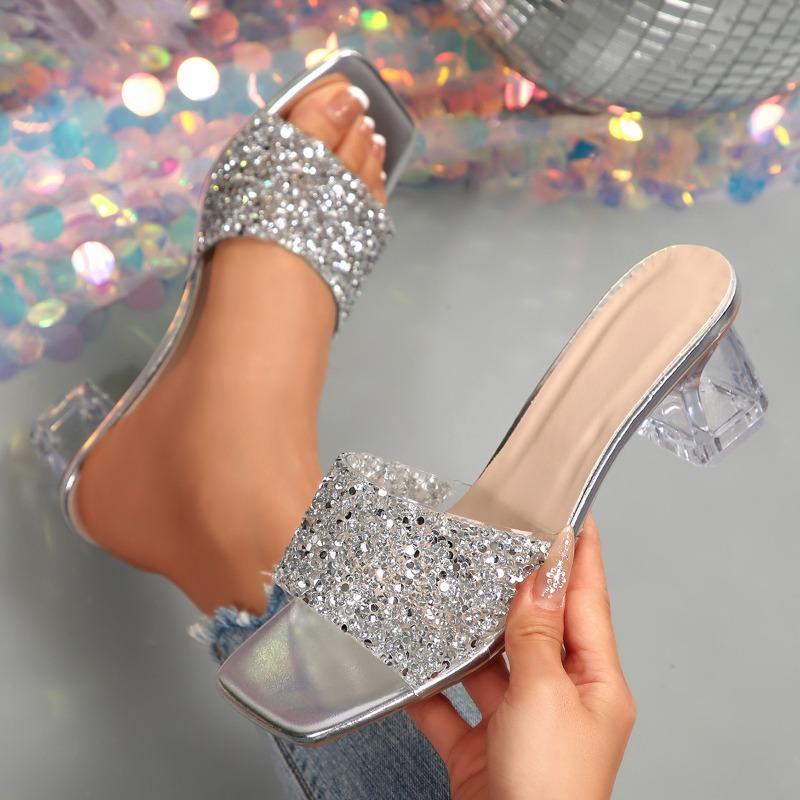 Fashion Summer Women High Heels Sandals Mouth Square Head Shallow Women Shoes Rhinestone Crystal Thick Heel Sandals Sandalias De Mujer