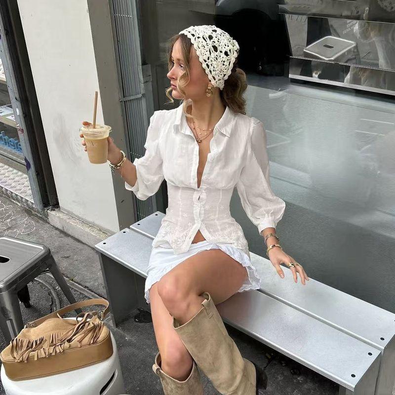 Za Export New Arrival Women's Zr Fashion Style Fashionable Temperamental All-Match Pure Color Long Sleeves Lapel Slimming Embroidered Shirt