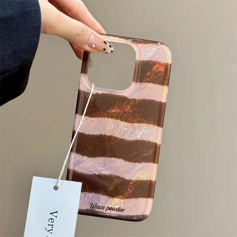 Brown Stripe Print Tinfoil Texture Hard Case for Iphone 16 15 14 13 PRO MAX 11 12 13 PRO XR 7 8 PLUS  Shockproof Phone Cover