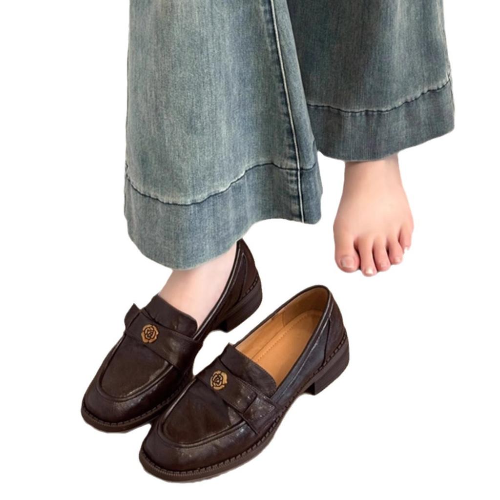 Sheepskin version~ genuine leather new thick-soled camellia one-pedal loafers women's British style retro small leather shoes single shoes