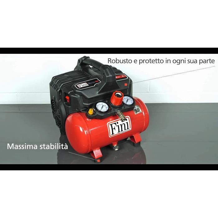 Fini compresseur silencieux 2 manomètres (59 db), 6 l, 1,0 hp, 8 bar, 750 w, 230 v, rouge - siltek s/6