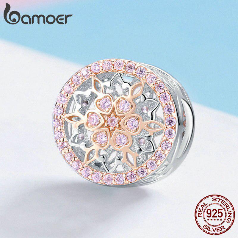 BAMOER Genuine 925 Sterling Silver Blooming Buds Clear Cubic Zircon Beads Charms Fit Bracelets DIY