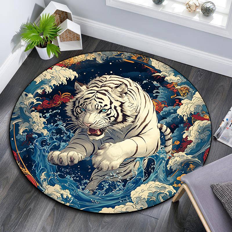 Tiger in Waves Round Area Rug,Carpet Rug for Living Room Bedroom Sofa Playroom Decor,Non-slip Floor Mat