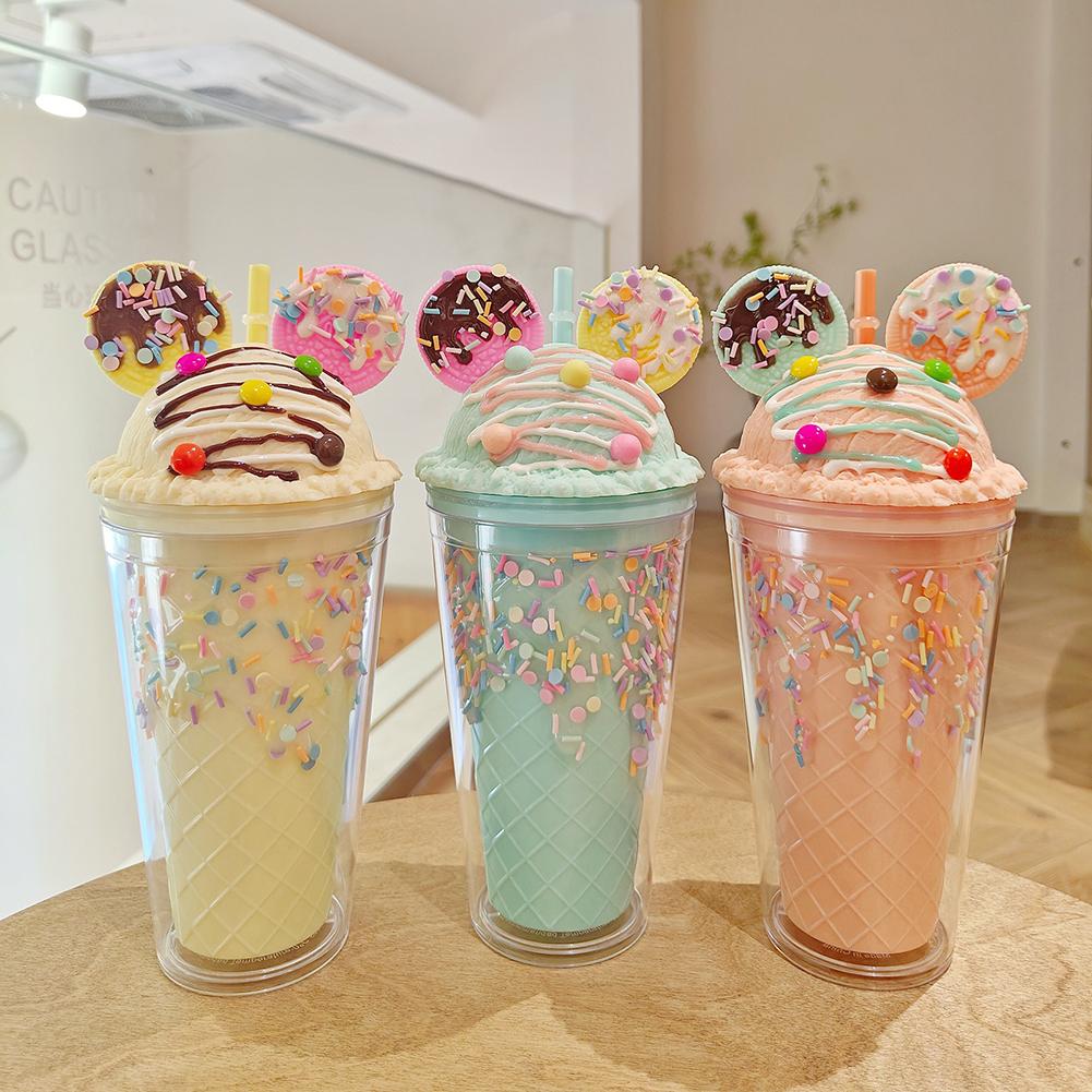 450ml Cute Straw Cup,Ice Cream Lids for Stanley Tumbler,Reusable Plastic Cups,Summer Drinkware Cold Brew,Girl Water Bottle Gift