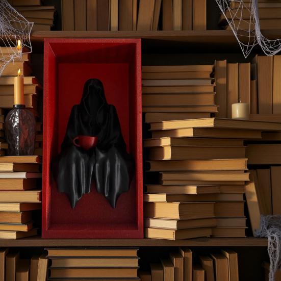Sitting Grim Reaper Statue Spooky Bookshelf Decoration Gothic Black-Robed Man