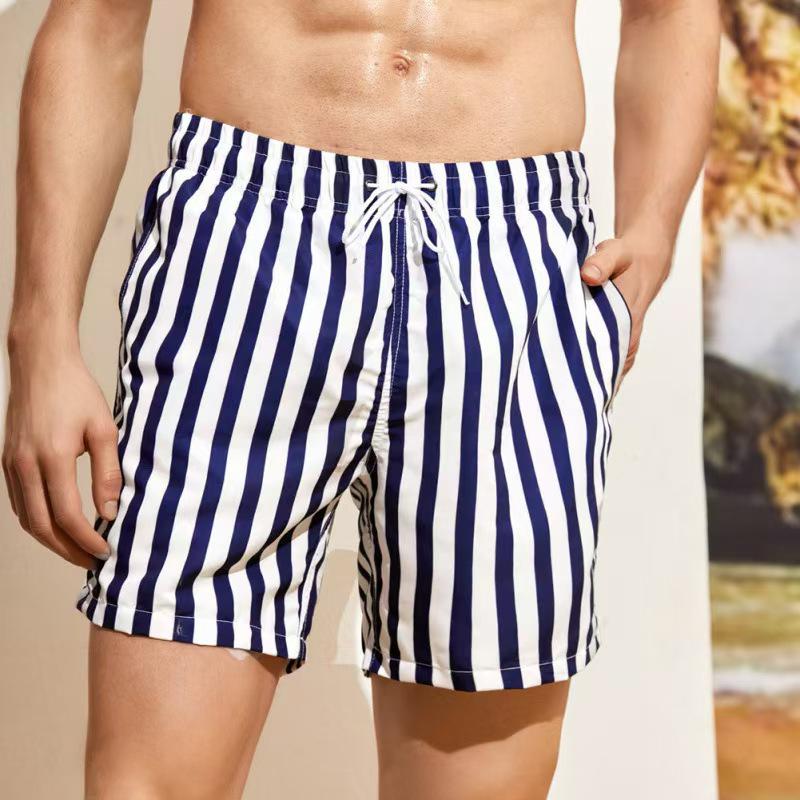 2026 Summer Men's Quick-drying Blue & White Stripe Beach Bermuda Shorts with Elastic Waist