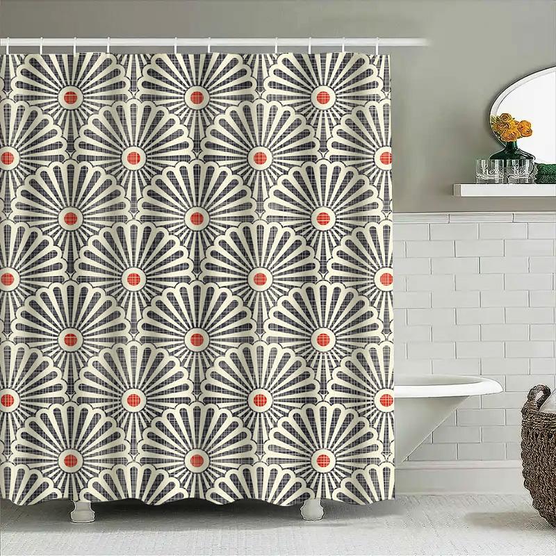 Black White Red Bath Shower Curtain With Sunburst Floral Pattern Decorative Waterproof Washable For Home Bathroom Accessories De