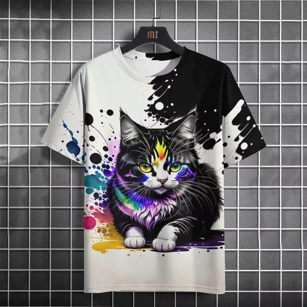 2025 Summer New Men's Cartoon Cute Cat Pattern 3D Printed Short Sleeved Round Neck T-Shirt Casual Quick Drying Neutral Clothing