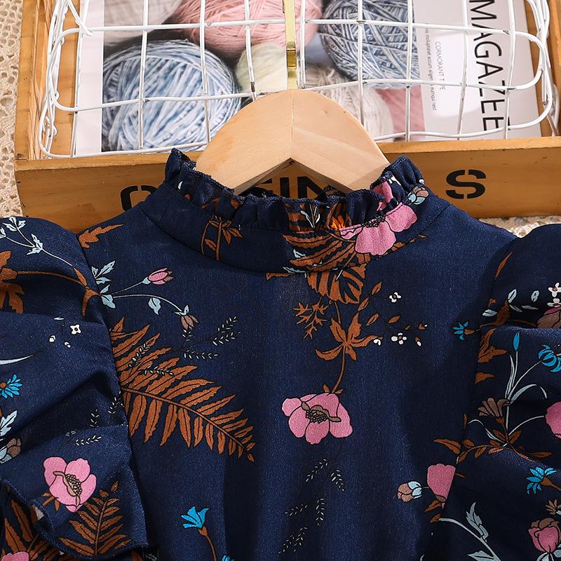 Girls' Vintage-Style Dress Spring Children's Elegant Print Long-Sleeve Ruffled Pleated Dress