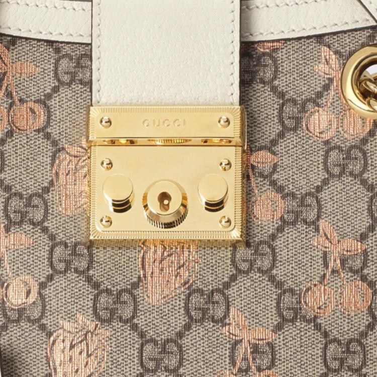 Gucci Padlock Metal Lock Tote Bag With Berry Print And Logo Canvas And Leather Women Tote Bag Ebony White 498156-UM6AG-8295