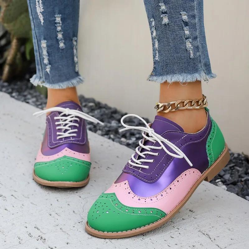 Fashion Shoes Female Hot Sale Lace Up Women's Pumps Autumn Round Toe Mixed Colors Outdoor Casual Low Heel Large Size Office Ladies Shoes
