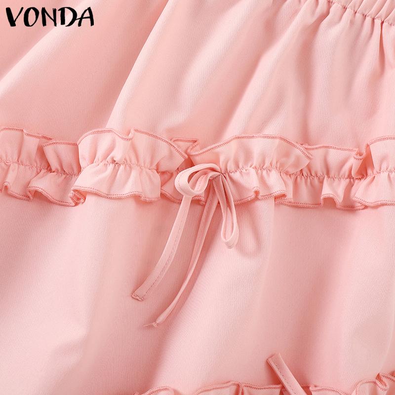 VONDA Women Casual Elastic Waist Solid Color Layered Ruffle Skirts