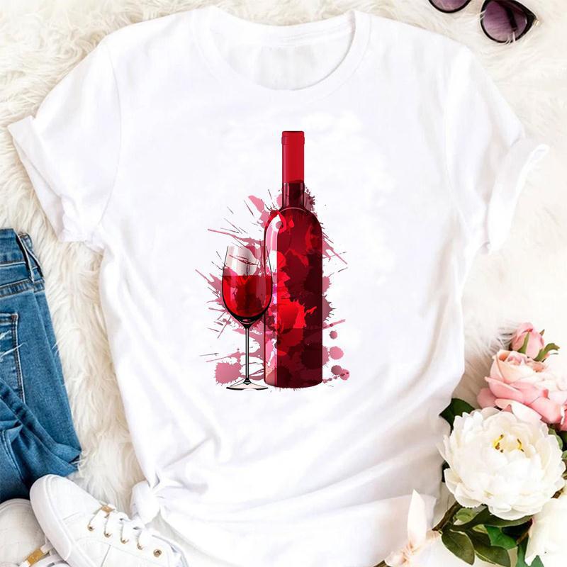 Womens Fashion Wine Glass Print Trendy Womens Base Layer Halfsleeved Womens Wear Shortsleeved Women Tshirt for Summer