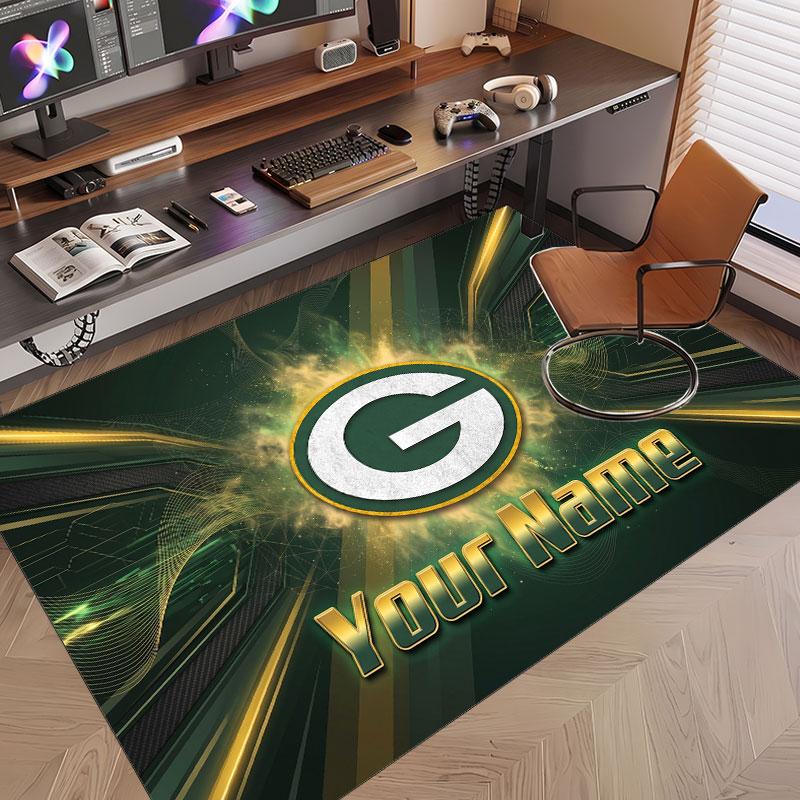 Custom Rug Green Bay Packers Pattern Print Name Text Soft Non‑Slip Floor Carpet for Home Indoor Decoration