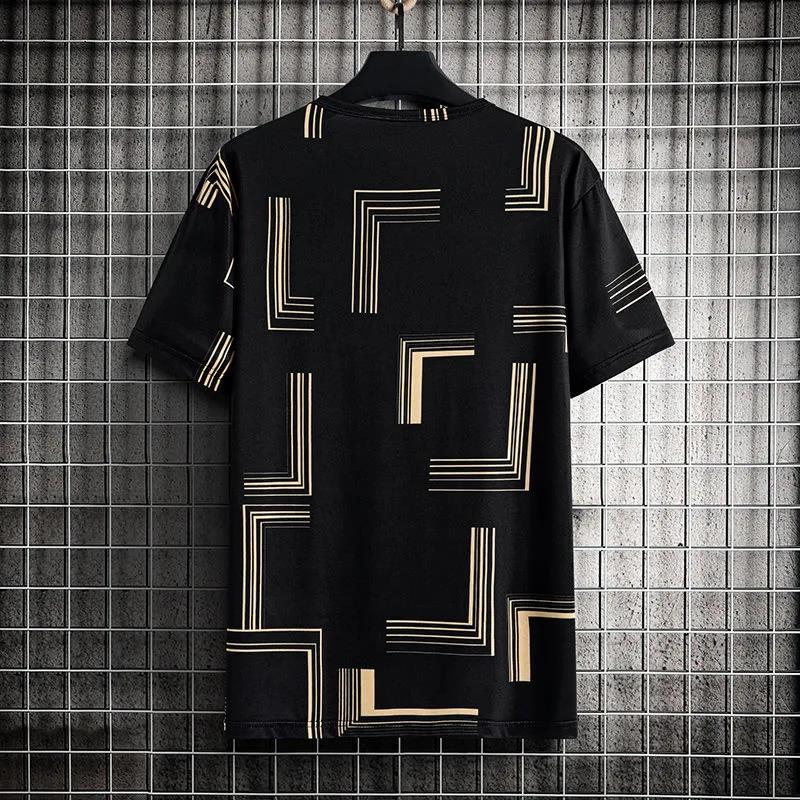 Men Ice Silk T-shirts Summer O-neck Short Sleeves Casual Shirts Oversized Geometric Graphic Print Tees Soft Breathable Cool Tops