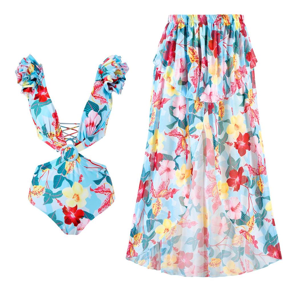 2025 Trendy Women's One-Piece Swimsuit Set with Bowknot Mesh Skirt - Solid Color