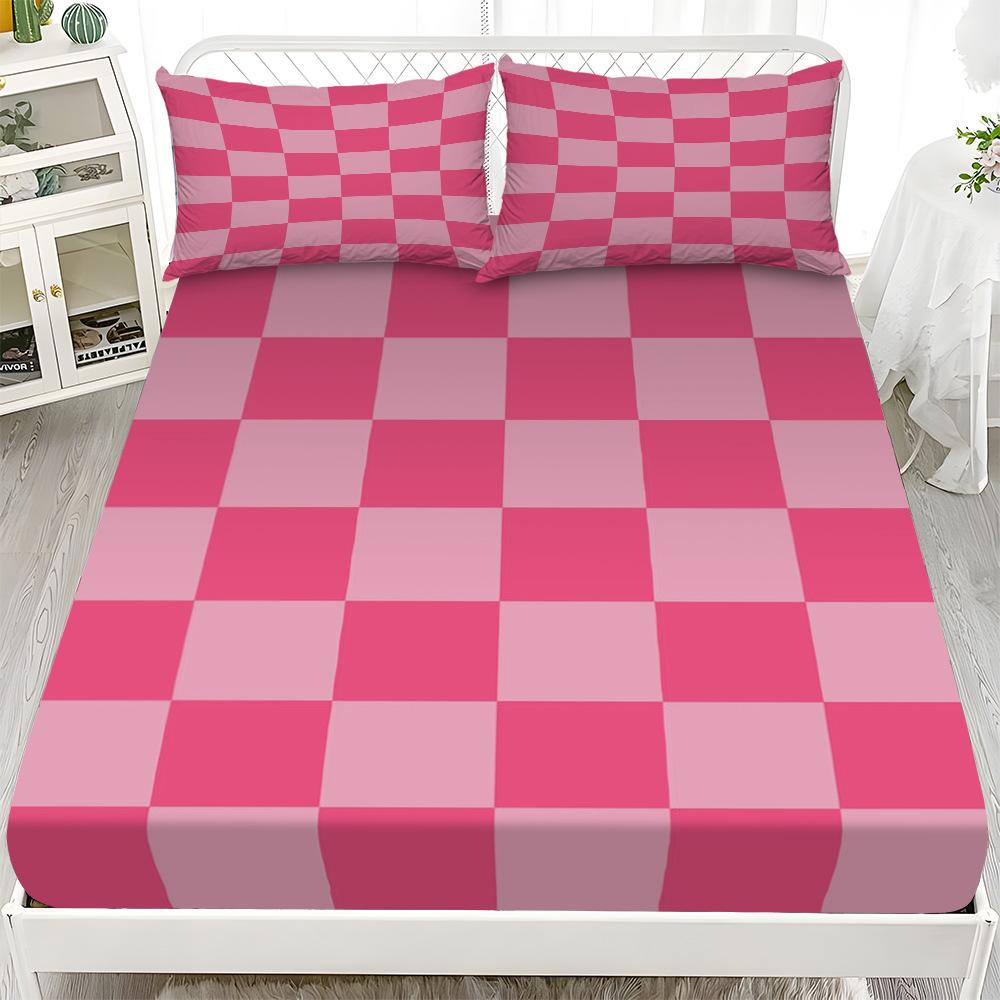 Plaid Style Fitted Sheet, Grid Pattern Bedding Set 2pcs, Checkerboard Bed Cover with 1 Pillowcase75*50 for Kids Boys Room Decor
