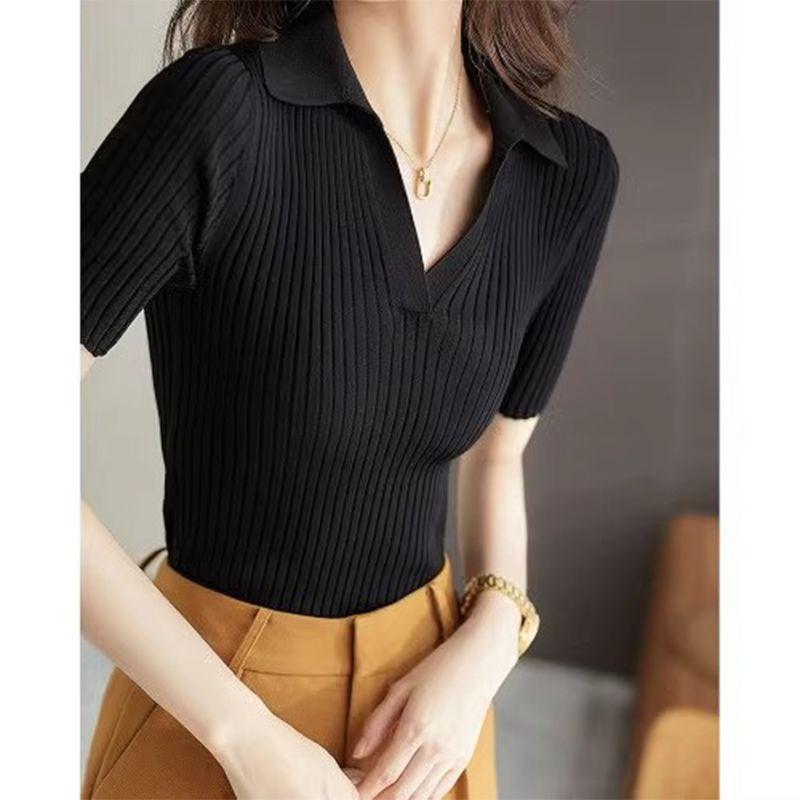 Womens Solid Color Polo Neck Ribbed Knit Short Sleeve Top M чёрный