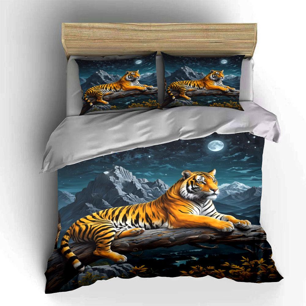 Tiger Resting, Moonlit Mountains Bedding Set For Kids Luxury Gift 3Pcs Digital Print Comforter Set Soft Comfortable Breathable