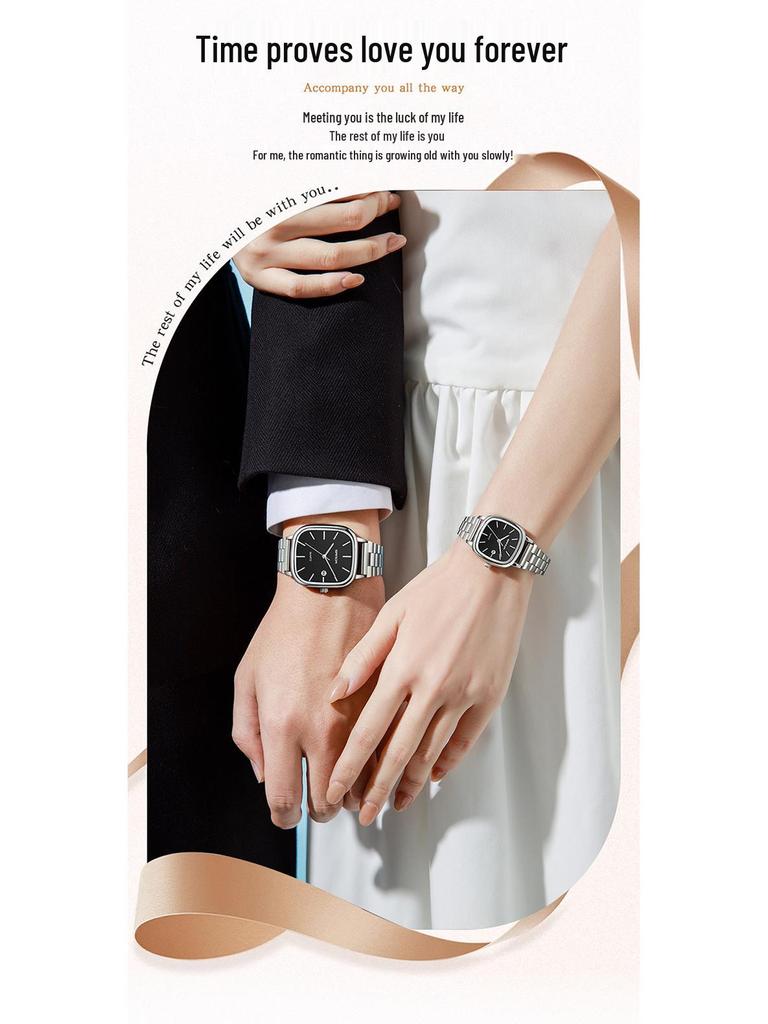 Retro Light Luxury Gold Square Watch with Large Dial and Calendar - High-Value Steel Band for Couples