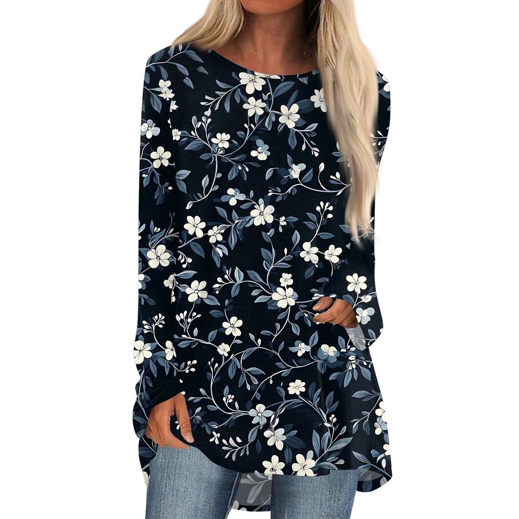 Women's Fashion Casual Long Sleeve Print Round Neck Pullover Top Blouse