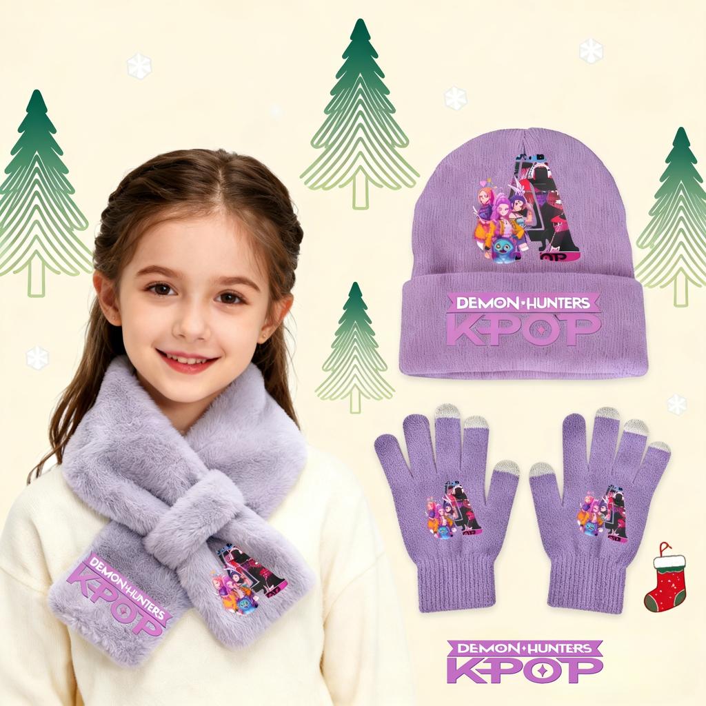3Pcs KPop Demon Hunters Collection Fashion Kids' Clothing Designed for Girls - Warm Knit Hat Scarf Plus Gloves - Cold Season Casual Birth Date