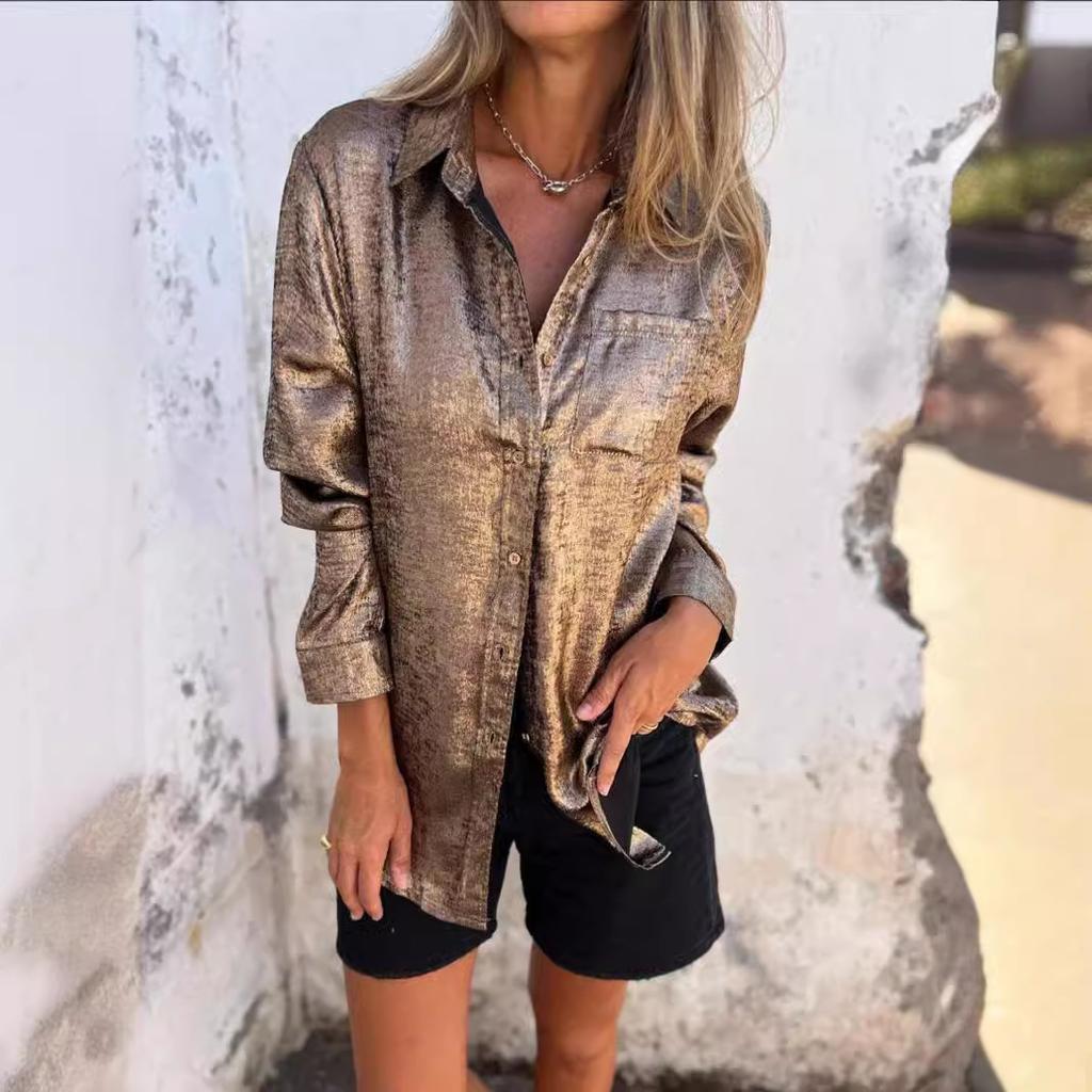 Women's Lapel Collar Long Sleeve Metallic Foil Single Breasted Pocket Loose Casual Shirt Blouse