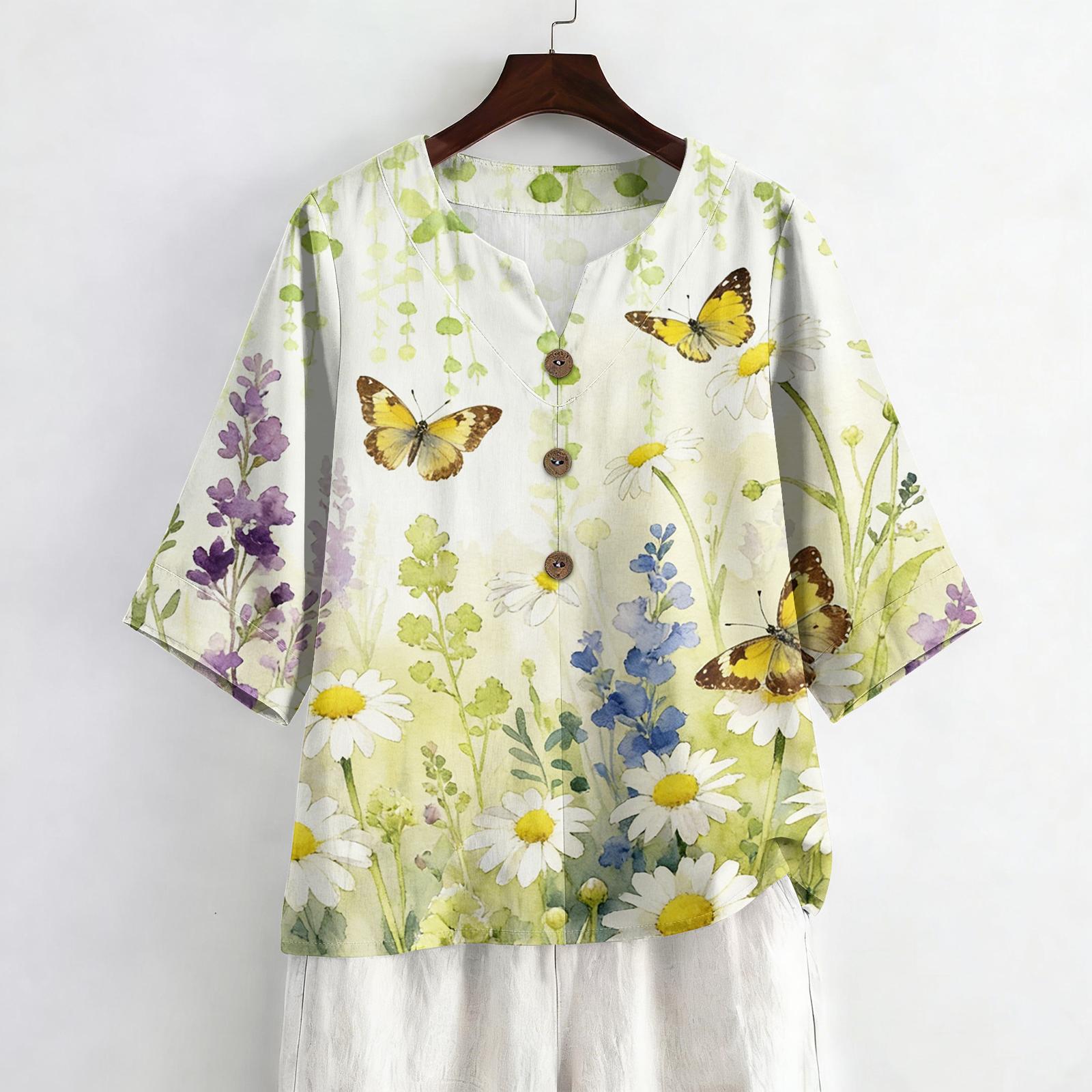 

Женская летняя модная блузка с V-образным вырезом и рукавами 3/4, повседневная свободная блузка с цветочным принтом XL