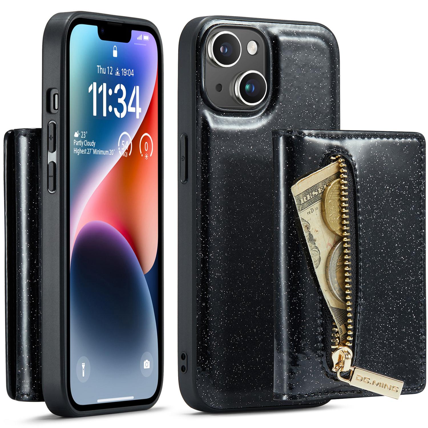 

DG.MING M3 Series For iPhone 15 Detachable Magnetic Wallet Case Glittery Leather Coated PC+TPU Kickstand Phone Cover Black