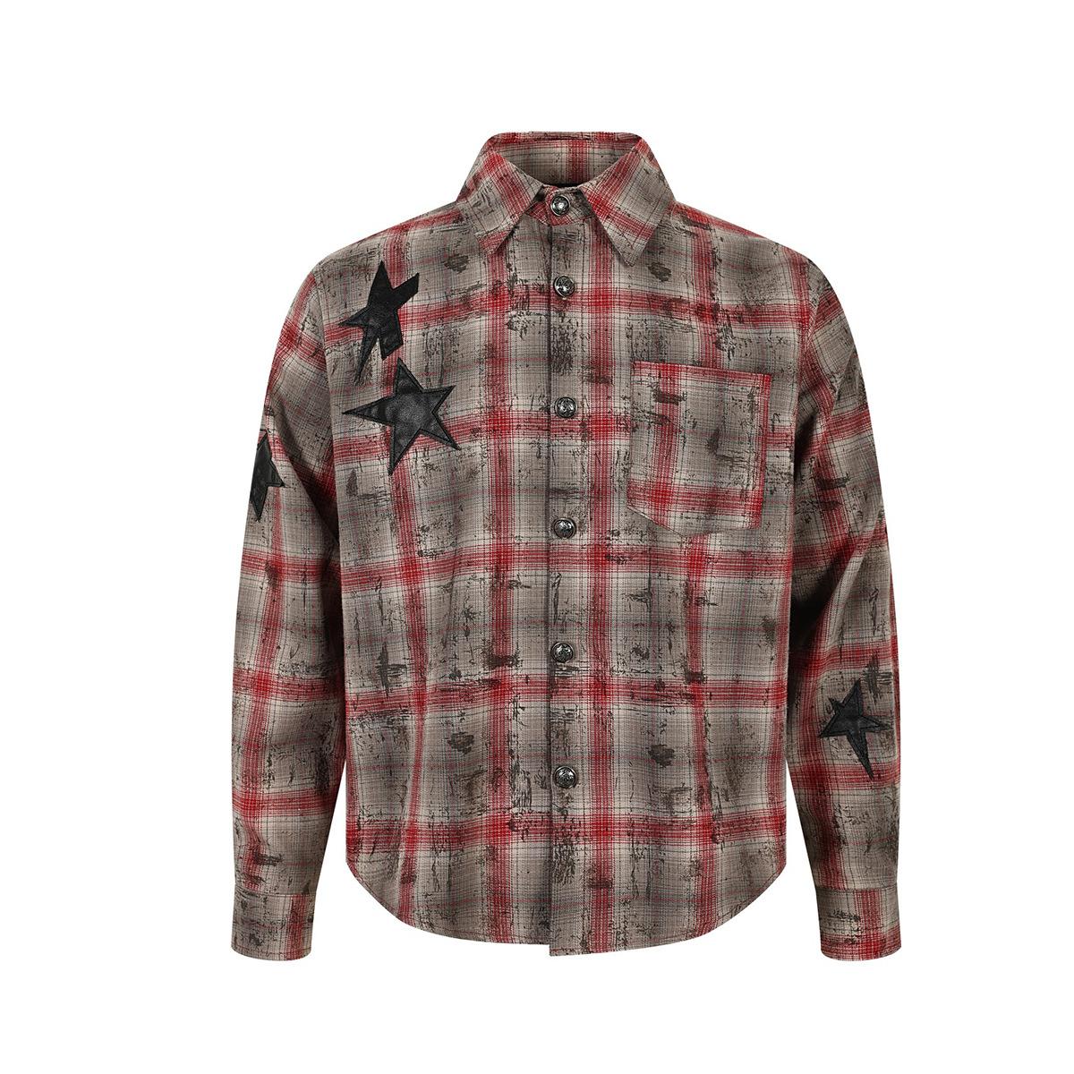 American street subculture sticker embroidered star design sense old plaid shirt long sleeve S красный