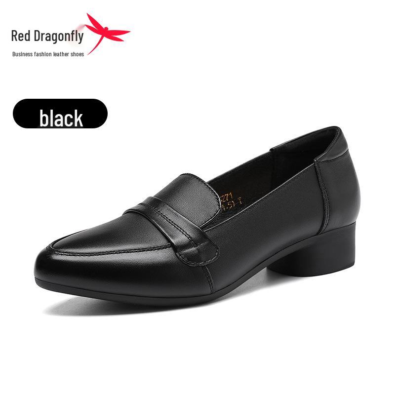 Red Dragonfly Women s Genuine Leather Chunky Heel Loafers - 2025 Summer Black Commuter Shoes 37