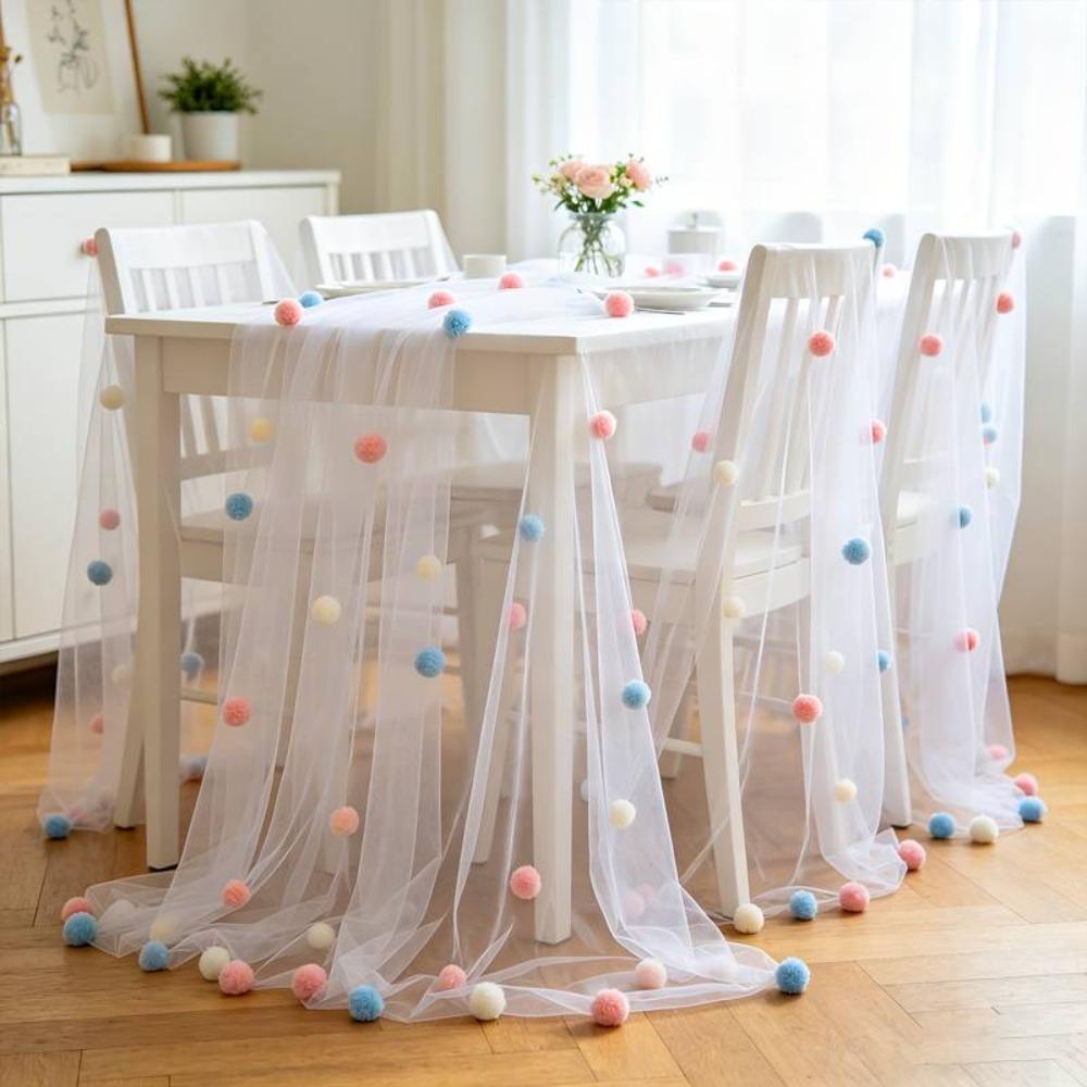 3D Pom-Poms Tablecloth Handmade Colorful Table Cover Table Flag Tulle Table Runner  Dining Room