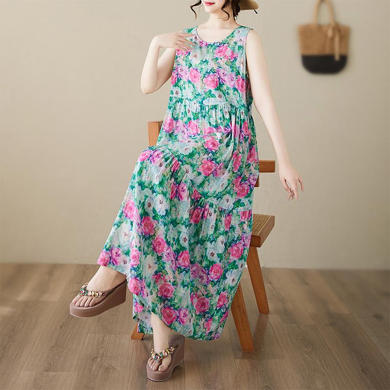 DIMANAF Plus Size Dress Summer Women Vintage Linen Elegant Style Sleeveless Floral Loose New Long Dress 8021