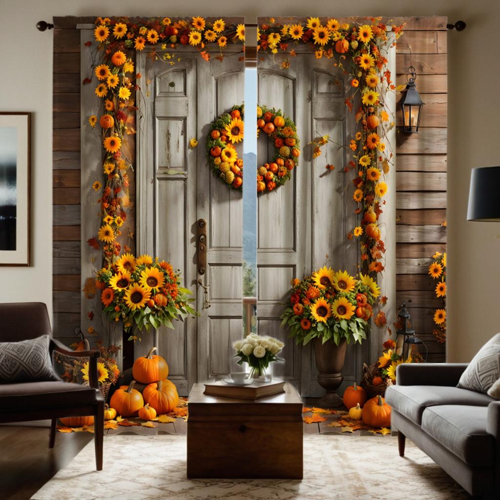 2pcs HD Harvest Festival Sunflower Garland Wooden Door Pumpkin Curtain Yellow Tie Digital Printed Curtain Home Decor Style De