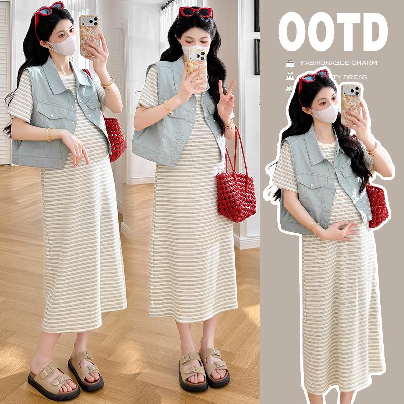 2026 Striped A-Line Maternity Dress & Denim Jacket Set Medium