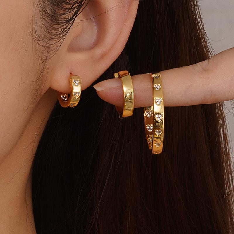 Trendy Zirconia Heart Inlaid Earrings: Luxurious Gold & Silver Studs for Women