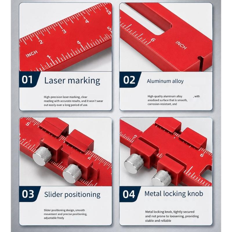Wood Board Marking Ruler, Aluminum Body Layout Tool with T Guide for Cabinet Work, Trim Fitting, and Measuring