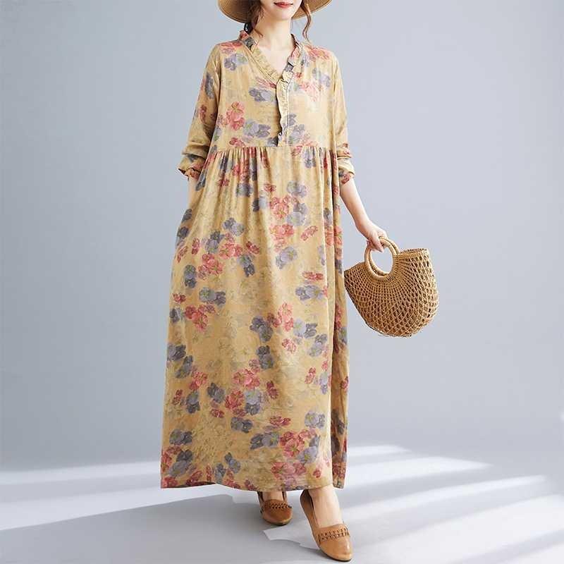Season's New Vintage Print Loose Hem Long Dress