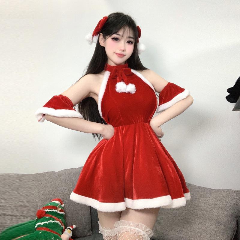 Sexy lingerie sexy halter velvet perspective uniform passion cute pure desire christmas flirting uniform 1
