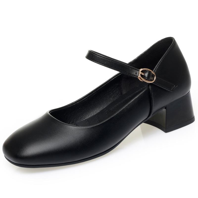 Fashion Soft Leather Work Shoes Women Black Soft Sole Comfortable Working Thick Heel Single Shoes Women's Head One-Button Leather Shoes