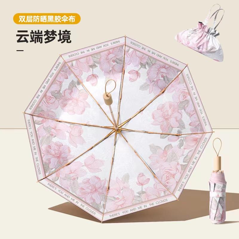 3-Folding Compact Umbrella Upf50+ Vinyl Sun Protection 8-Rib Double Layer Portable Parasol For Women Lightweight Travel Umbrella