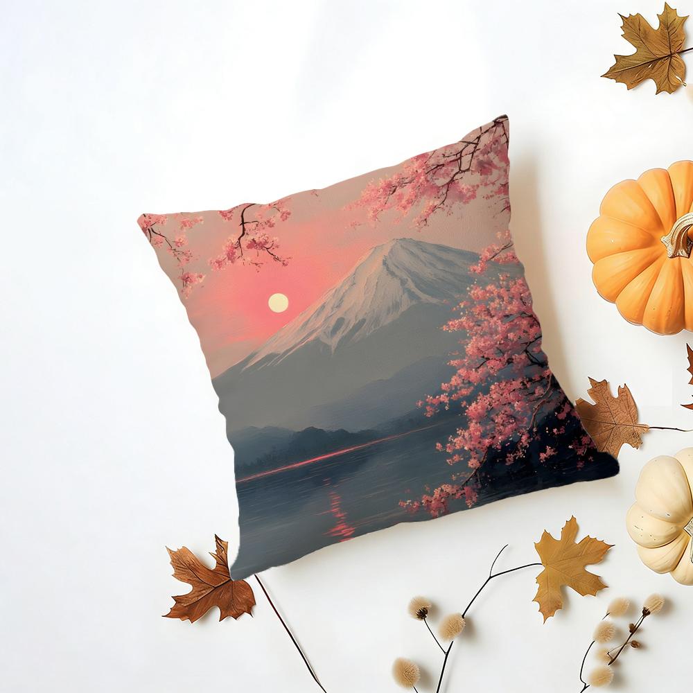 Japanese Cherry Blossom Fuji Mountain Sunset Cushion Cover Washable Linen Pillowcase Soft for Daily Sofa Bed Home Room Decor