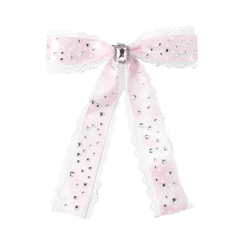 Ribbon Style Lace Hair Clip Pink and White Hair Accessory with Center Accent for Side Hair and Daily Styling Use