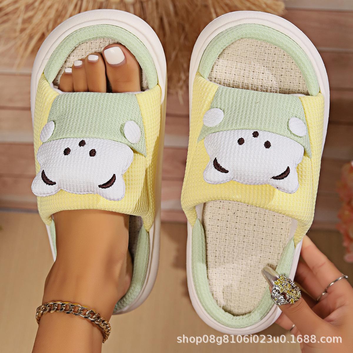 

Обувь четыре льняные тапочки животные мультфильм домашнее использование толстая подошва нескользящая впитывающая пот верхняя одежда хлопок и лен прохладные тапочки 36-37