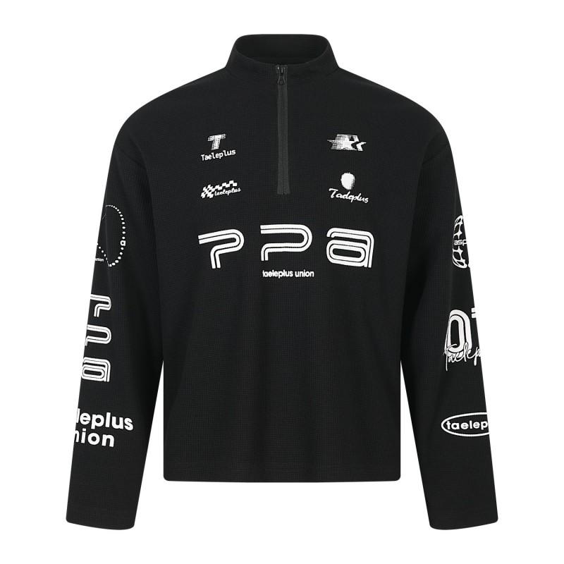 Mens Long Sleeve Polo Shirt With Digital Print Letter Design Stand Collar Breathable Stretch Cotton Casual Outdoor Sport