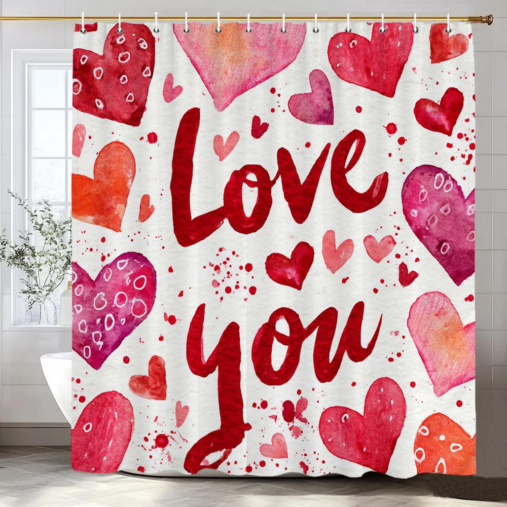 Modern heart-shaped Red Love Pattern Shower Curtain, Bathroom Decorative Shower Curtain, Waterproof Shower Curtain with Hooks